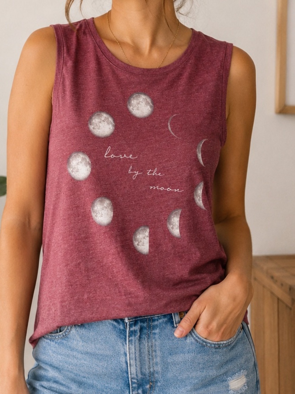 Cold Crush Moon Phases Graphic Tank Top Burgundy Sleeveless Size Small